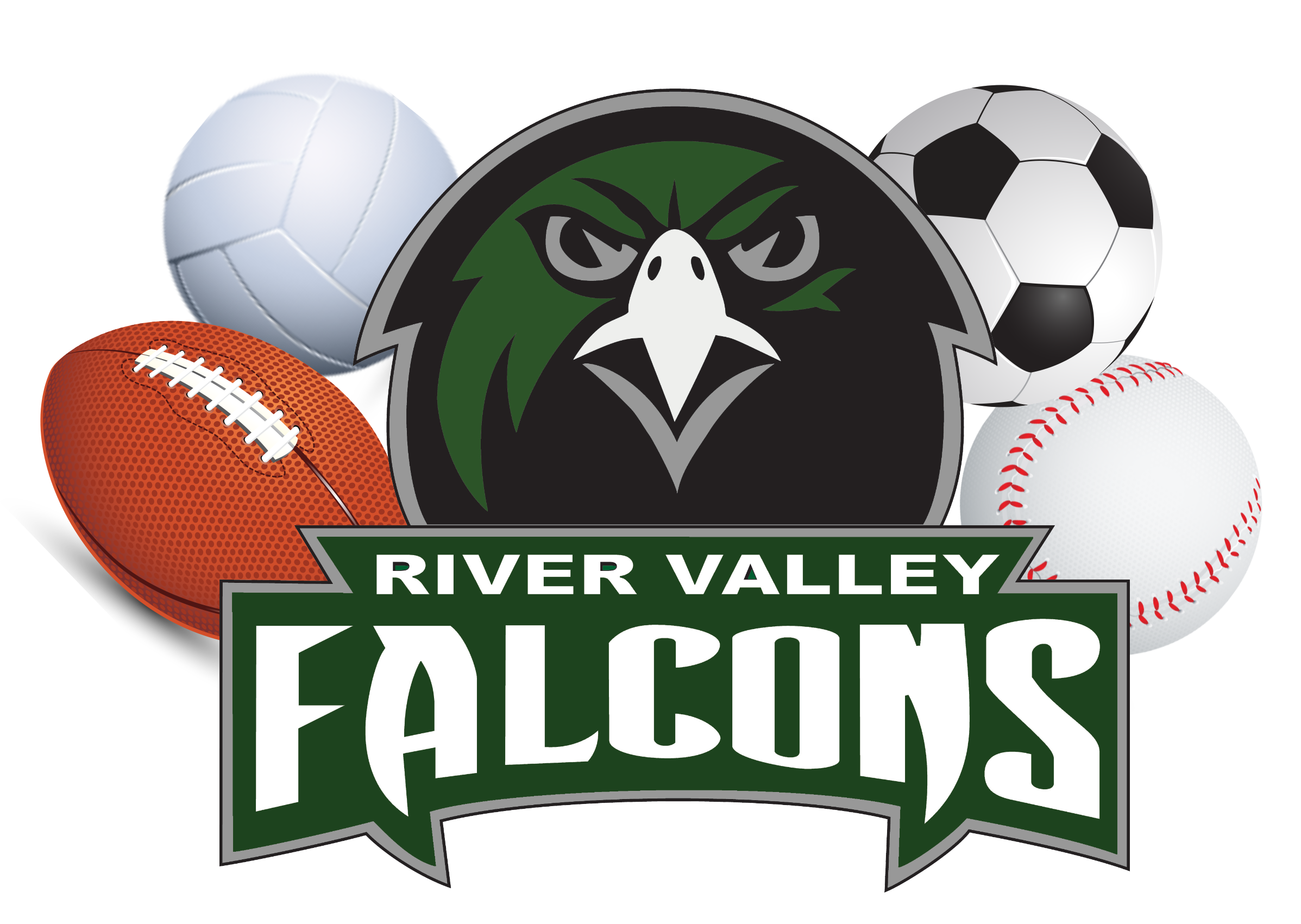 River Valley Falcon Logo with a football, volleyball, soccer ball, and baseball.